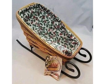 Longaberger 1997 Holiday Sleigh Basket, Wrought Iron Base, Liner & Plastic Protector, Baskets, VIntage Baskets, Holiday Decor, Winter Decor