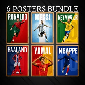 Könnte beinhalten: Ein Set aus 6 Postern mit den Profifußballern Ronaldo, Messi, Neymar Jr, Haaland, Yamal und Mbappe. Jedes Poster zeigt den Namen des Spielers in weißem Text oben, die Trikotnummer und ein dynamisches Aktionsfoto des jeweiligen Spielers.
