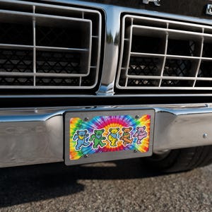 May include: A license plate featuring a tie-dye background with dancing bears in blue, green, yellow, brown, and pink. The plate is mounted on a chrome bumper.