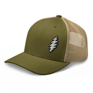 May include: Olive green trucker hat with a white and black embroidered lightning bolt design. The hat features a curved brim, a mesh back, and an adjustable snap closure. A stylish accessory for outdoor activities.