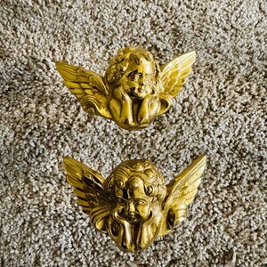 Vintage Pair of Solid Brass Angel Cherub Wall Brackets Curtain Holdbacks | Art Nouveau French Rococo Victorian