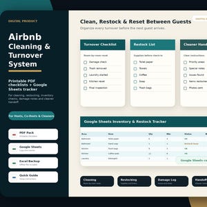 Op de afbeelding: Een digitaal Airbnb-schoonmaak- en omloopsysteem met een printbare PDF-checklist en Google Sheets-tracker. De lay-out bevat secties voor een omloopchecklist, voorraadlijst, overdracht aan schoonmakers en een inventaristabel.