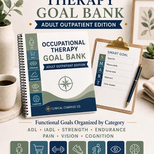 以下が含まれることがあります： コンパスのロゴが入ったスパイラル綴じのOccupational Therapy Goal Bank Adult Outpatient Editionワークブックと、SMART目標基準を表示したクリップボード。ADL、IADL、筋力、持久力、痛み、視覚、認知のアイコンが記載されています。