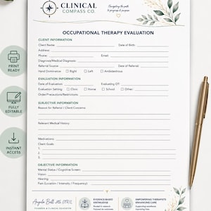 May include: An occupational therapy evaluation template, printable and editable. The design features a navy blue header and sections for client details and evaluation data. A gold pen is positioned on the right side.