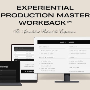 May include: An image showcasing a laptop, tablet, desktop monitor, and smartphone displaying the "Experiential Production Master Workback" spreadsheet. The text "Everything" is visible on the laptop screen. The image has a neutral color palette.