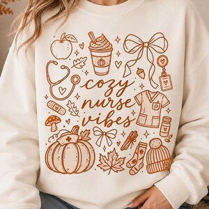Cozy Nurse Vibes PNG Bundle, Fall Nurse PNG, Autumn Nurse Shirt Design, Pumpkin Nurse Sublimation, Cute Nurse Gift, 3 Color PNGs
