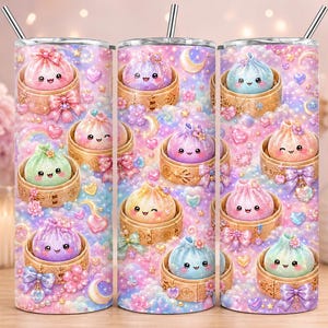May include: A cylindrical stainless steel tumbler featuring a repeating pattern of cartoon dumplings in bamboo steamers, decorated with pastel-colored bows, hearts, stars, and crescent moons against a soft, dreamy, multi-colored cloud background.