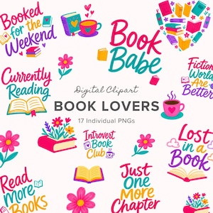 以下が含まれることがあります： BOOK LOVERSと題されたデジタルクリップアートコレクション。本、花、コーヒーカップのカラフルなイラストと「Booked for the Weekend」「Book Babe」「Currently Reading」「Lost in a Book」などのフレーズが描かれた17個のPNGファイルが含まれています。