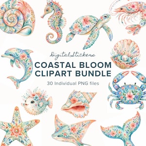Puede incluir: Un conjunto de pegatinas digitales titulado Coastal Bloom Clipart Bundle que incluye 30 archivos PNG individuales de criaturas marinas como caballitos de mar, tortugas, delfines, cangrejos, estrellas de mar, peces globo y conchas.