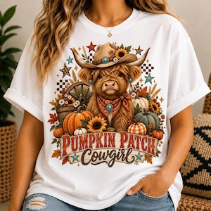 Kürbisfeld-Cowgirl (PNG), Hochlandrind im Herbst (PNG), Western-Herbst (PNG), Cowgirl-Kürbis (PNG), Herbstliches Sublimationsdesign