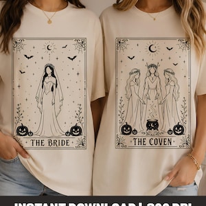 May include: Two cream-colored t-shirts featuring black line art designs. The left shirt shows a bride with a veil, pumpkins, and bats, labeled THE BRIDE. The right shirt shows three figures around a cauldron, labeled THE COVEN.