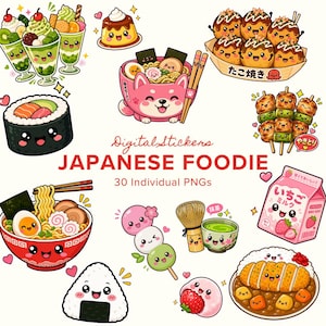 以下が含まれることがあります： ラーメン、寿司、たこ焼き、焼き鳥、抹茶、団子、餅、いちごミルクなどの日本食をモチーフにした、かわいいスタイルのデジタルステッカーコレクション。Digital Stickers JAPANESE FOODIE 30 Individual PNGsというテキストが記載されています。