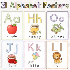 Könnte beinhalten: Ein Set aus sechs pädagogischen Alphabet-Postern mit dem Text 31 Alphabet Posters am oberen Rand. Jede Karte zeigt einen Groß- und Kleinbuchstaben mit einer passenden Illustration: ein roter Apfel, ein Honigglas, grüne Oliven, ein Erdbeermarmeladenglas, ein bunter Drachen und ein brauner Löwe.
