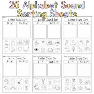Może przedstawiać: Zestaw sześciu czarno-białych arkuszy edukacyjnych zatytułowanych 26 Alphabet Sound Sorting Sheets. Każda strona zawiera linię na imię, nagłówek Letter Sound Sort, dwa pola do sortowania oraz dolną sekcję z obrazkami do wycięcia.