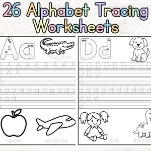 Puede incluir: 26 hojas de trabajo de caligrafía del alfabeto con ilustraciones en blanco y negro. Las páginas muestran las letras A y D en mayúsculas y minúsculas con flechas direccionales, junto a dibujos de un caimán, perro, manzana, avión, muñeca y dinosaurio.