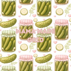 May include: Seamless pattern featuring jars of pickles, pickle slices, pink hearts, and sprigs of greenery on a white background. The text "MAMA MADE GRID" is overlaid in pink. The jars have pink and green gingham lids.