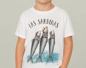Kids Sardines Graphic Tee, Hand-Painted Fish Illustration Coastal Shirt