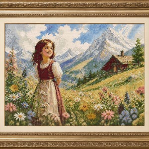 May include: A framed cross-stitch embroidery depicting a young person with brown hair in a white and red outfit standing in a vibrant wildflower meadow. In the background, a rustic cabin sits on a grassy slope beneath towering, snow-capped mountains.