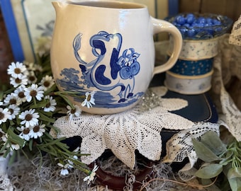 Vintage Blue Cow Stoneware Pitcher | Farmhouse Creamer Jug | Country Kitchen Decor | Cottagecore Pottery