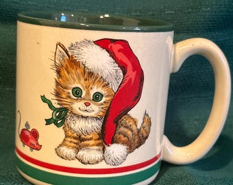 Vintage Potpourri Press Kitten Mug Korea Circa 1989 Kitsch Coffee Mug Signed WIM Christmas Cat, Christmas Mug.