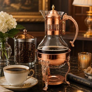 May include: A glass coffee carafe with a copper-toned metal base, lid, and ornate handle. The carafe sits on a matching copper-toned stand with decorative legs. The glass vessel contains dark coffee, and the metal components feature a polished finish.