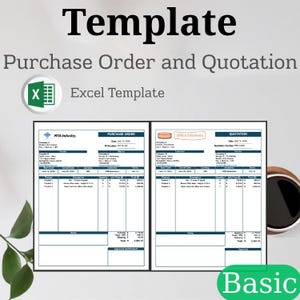 May include: A digital Excel template for a purchase order and quotation featuring two side-by-side document layouts with blue headers, tables for product descriptions, quantities, unit prices, and totals, plus an Excel icon and the text Basic.