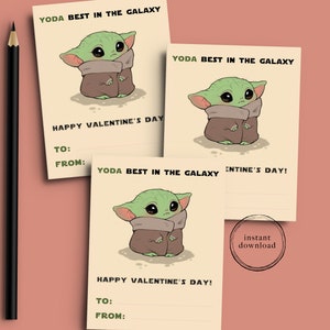 Baby Yoda Star Wars Kids Classroom Valentine Day, Instant Digital Download Funny Printable Cards image 1