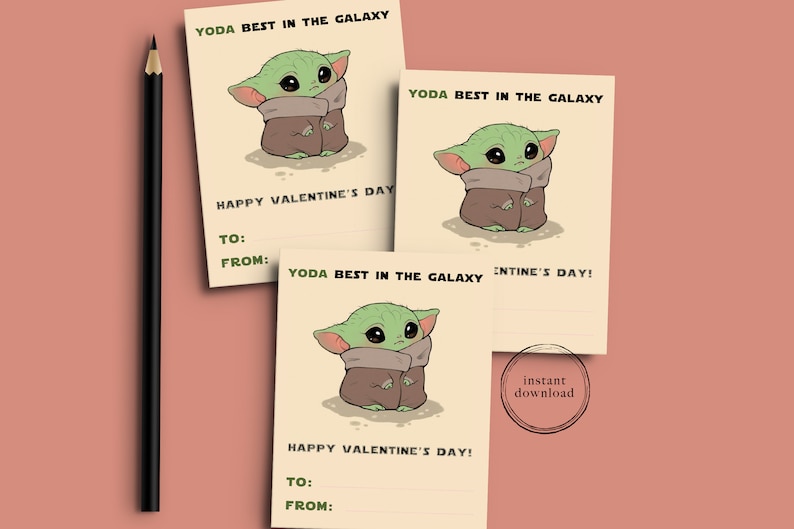 Baby Yoda Star Wars Kids Classroom Valentine Day, Instant Digital Download Funny Printable Cards image 1