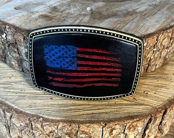 American Flag Belt Buckle - Custom made leather buckle |Tattered AMERICAN flag | Gift for him | Dad-husband-boyfriend gift for him