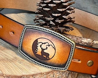 Custom Leather belt Buckle | Standing Deer Mountain Scene | Hunting | Hand-Made in the USA | Mens Gift, boyfriend, son gift