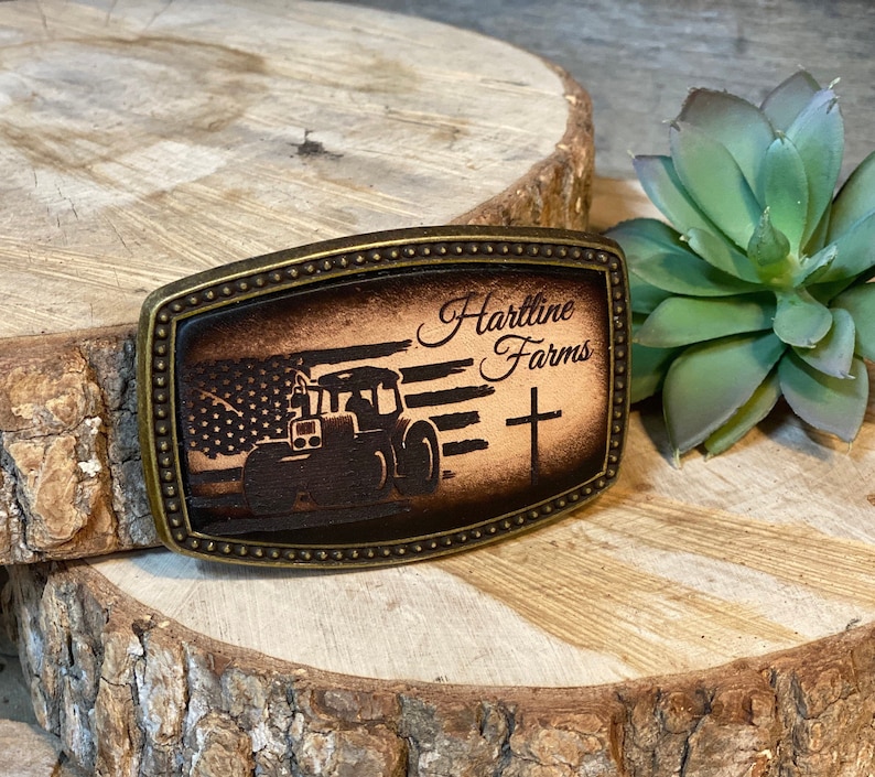 Kids/Childrens tractor American flag buckle hand-dyed leather buckle, colors for any belt, and optional cross, image 2