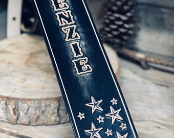 Personalized Leather Guitar strap with stars, awesome black 2 tone with black or pearl white guitar Great Personalized gift