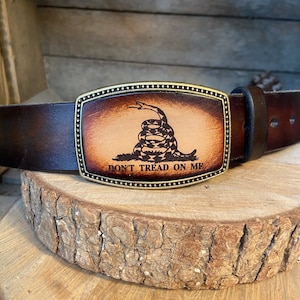 Leather Belt Buckle Don&#39;t Tread on Me -Gift for him | Hand dyed leather buckle | Don&#39;t Tread on Me, Rattlesnake