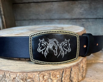 Belt Buckle | Horses | Leather Buckle | Cowgirl | Country Girl | Horse Lover gift | Great Graduation Gift  | hand-dyed, leather, USA made