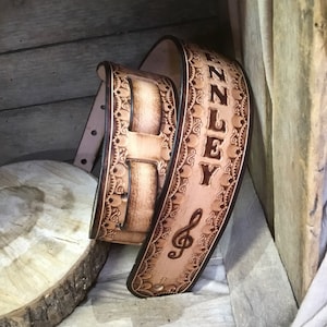 Custom leather guitar strap, personalized hand tooled and beautiful guitar strap for any guitarist, musician, great gift for graduation