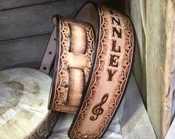 HAND_TOOLED-Leather Guitar Strap: Personalized Musician Gift-Treble Clef Design
