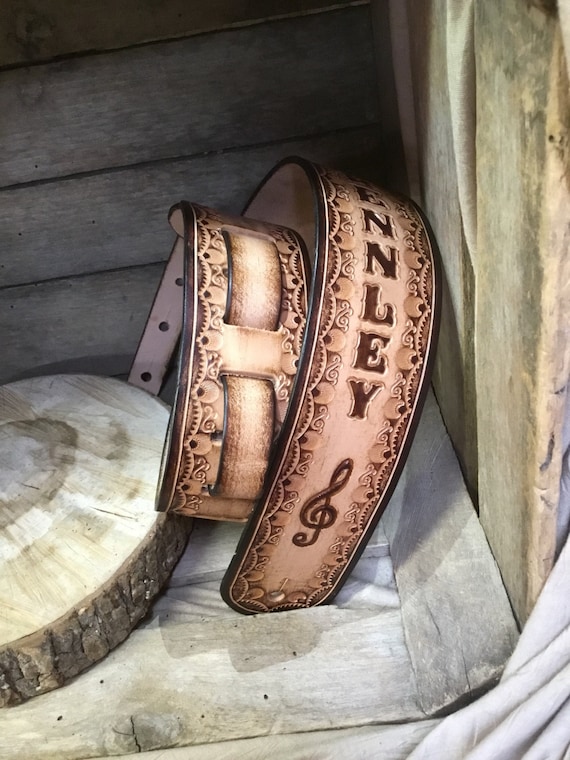 HAND_TOOLED-Leather Guitar Strap: Personalized Musician Gift-Treble Clef Design
