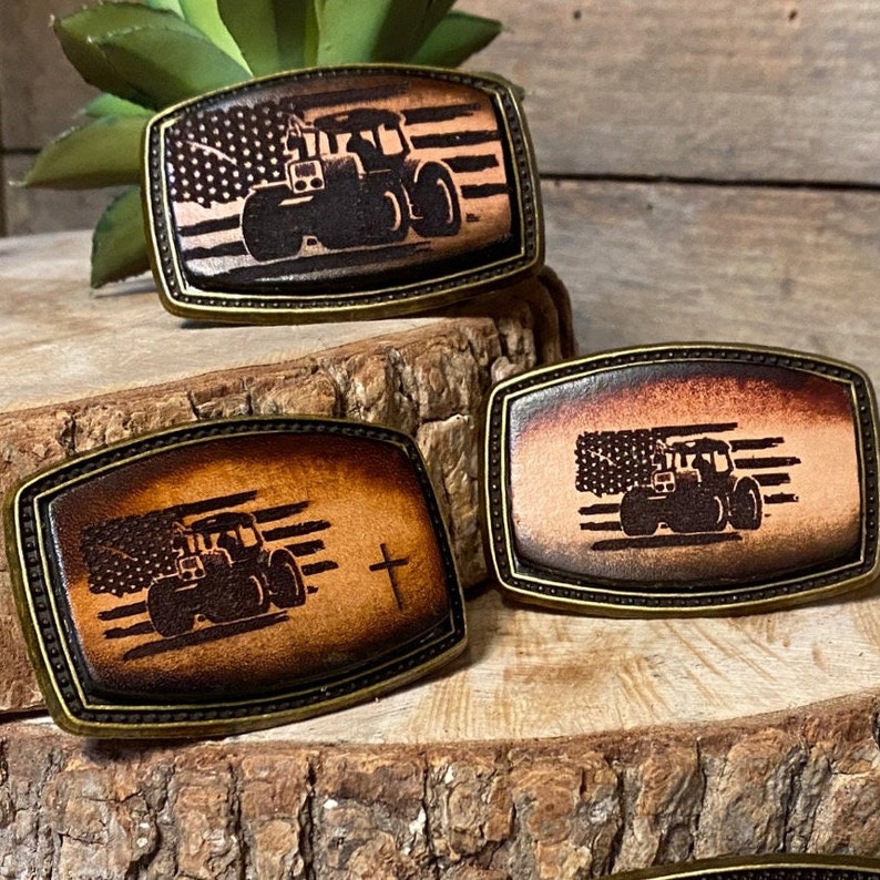 Kids/Childrens tractor American flag buckle hand-dyed leather buckle, colors for any belt, and optional cross, image 1