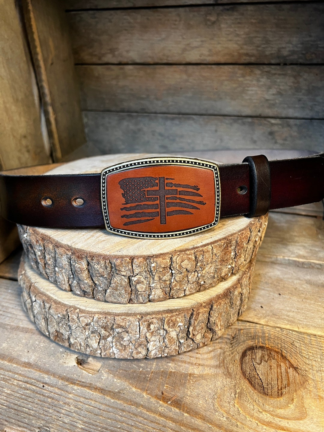 Belt Buckle With American Flag With Cross Leather Belt Buckle