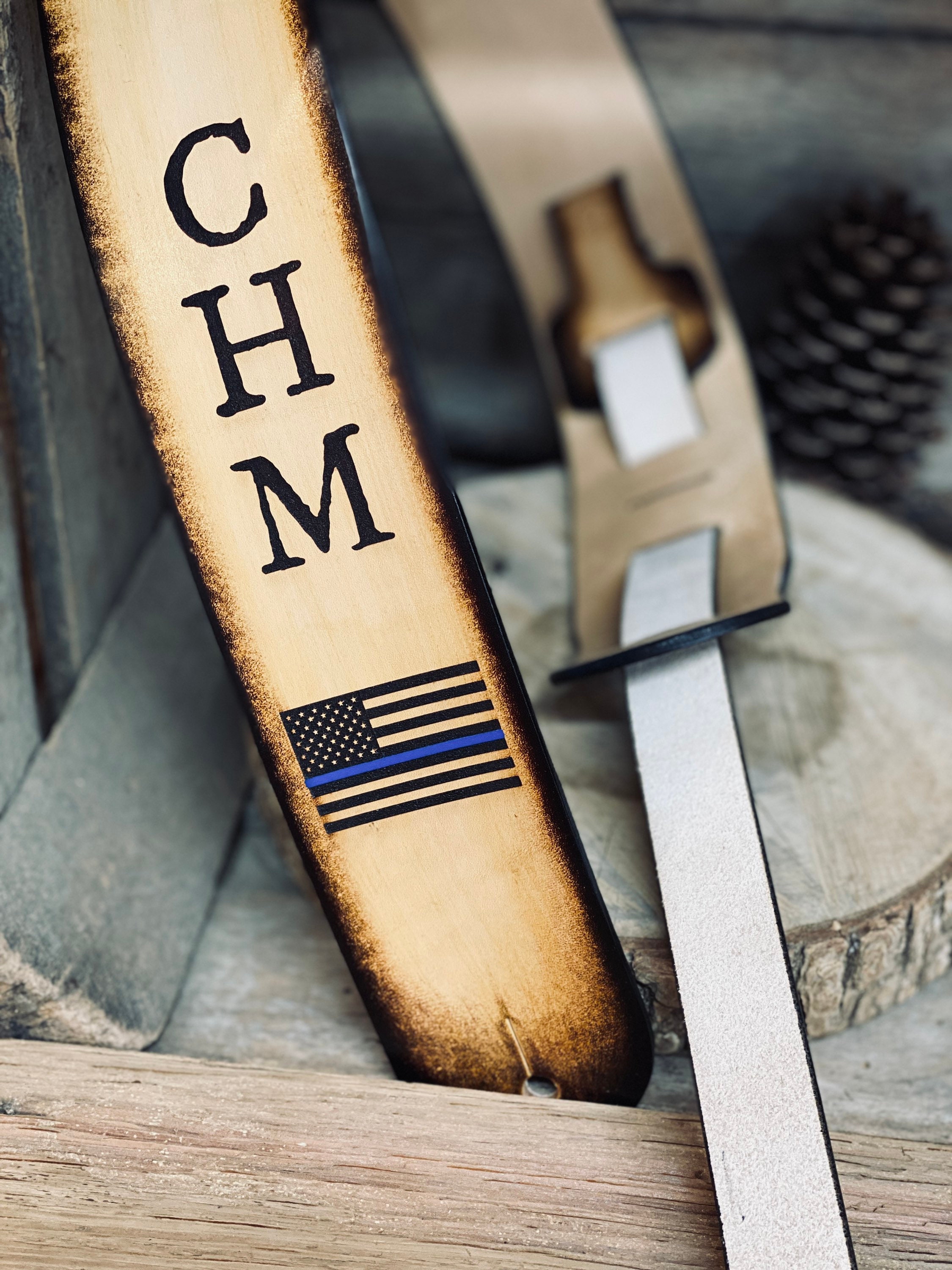 Blue Line Flag Personalized Custom made Leather Guitar Strap