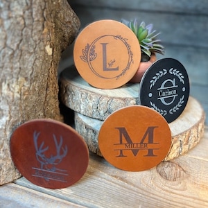 Personalized full-grain Leather Coasters | Set of 4-6 | 3rd Anniversary Gift- wedding |Monogram | Graduation gift | Teacher