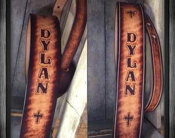 Personalized Leather Guitar strap with tooling in 2 tone color would look great on any guitar! Great Graduation Gift!