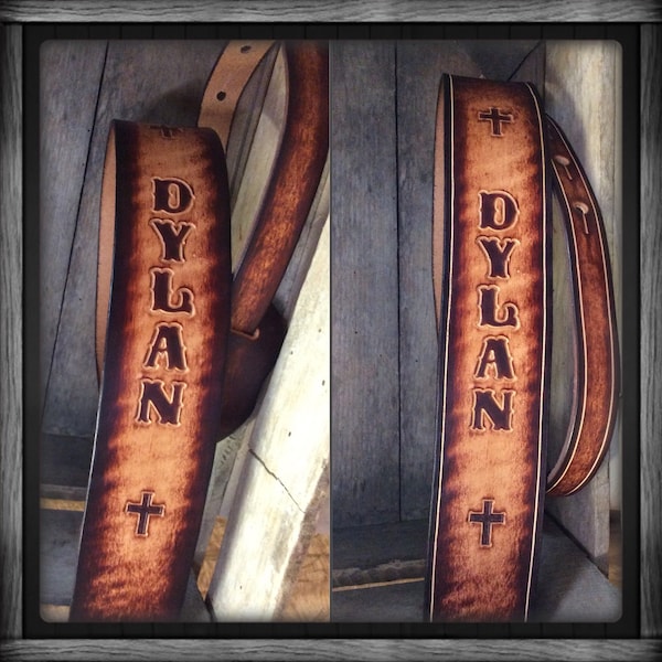 Personalized Leather Guitar strap with tooling in 2 tone color would look great on any guitar! Great Graduation Gift!