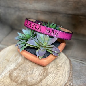 May include: A pink leather dog collar with the name "LAYLA MAE" engraved in black lettering.