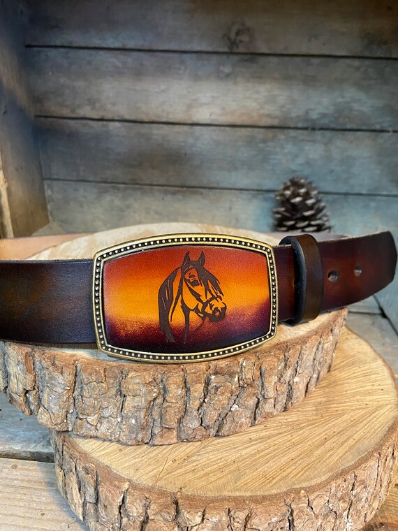 Horse Head Belt Buckle: Hand-dyed Leather, USA Made, Cowgirl 