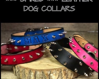 1 1/2" width ***SPIKED***Personalized Leather Dog Collar for large to xlarge breed - hand tooled and customized