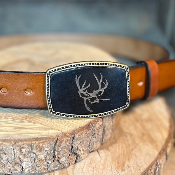 Custom Leather Buckle | Deer Head with Antlers Center | Hunting | Hand-Made | Made in the USA