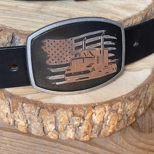 Trucker Buckle American flag, Long-haul leather buckle custom made. great Christmas gift for a trucker can be personalized, Big Rig, 359