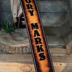 Personalized Leather Guitar strap with tooling in 2 tone color would look great on any guitar Full-Grain leather Graduation Gift Font 5-(1 name)