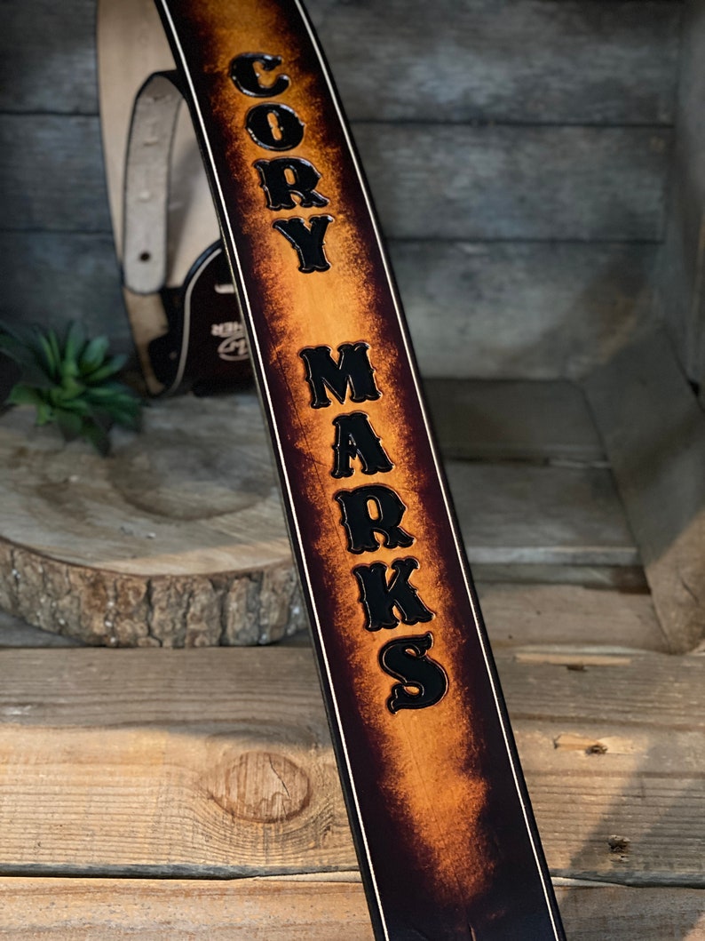 Personalized Leather Guitar strap with tooling in 2 tone color would look great on any guitar Full-Grain leather Graduation Gift Font 5-(1 name)